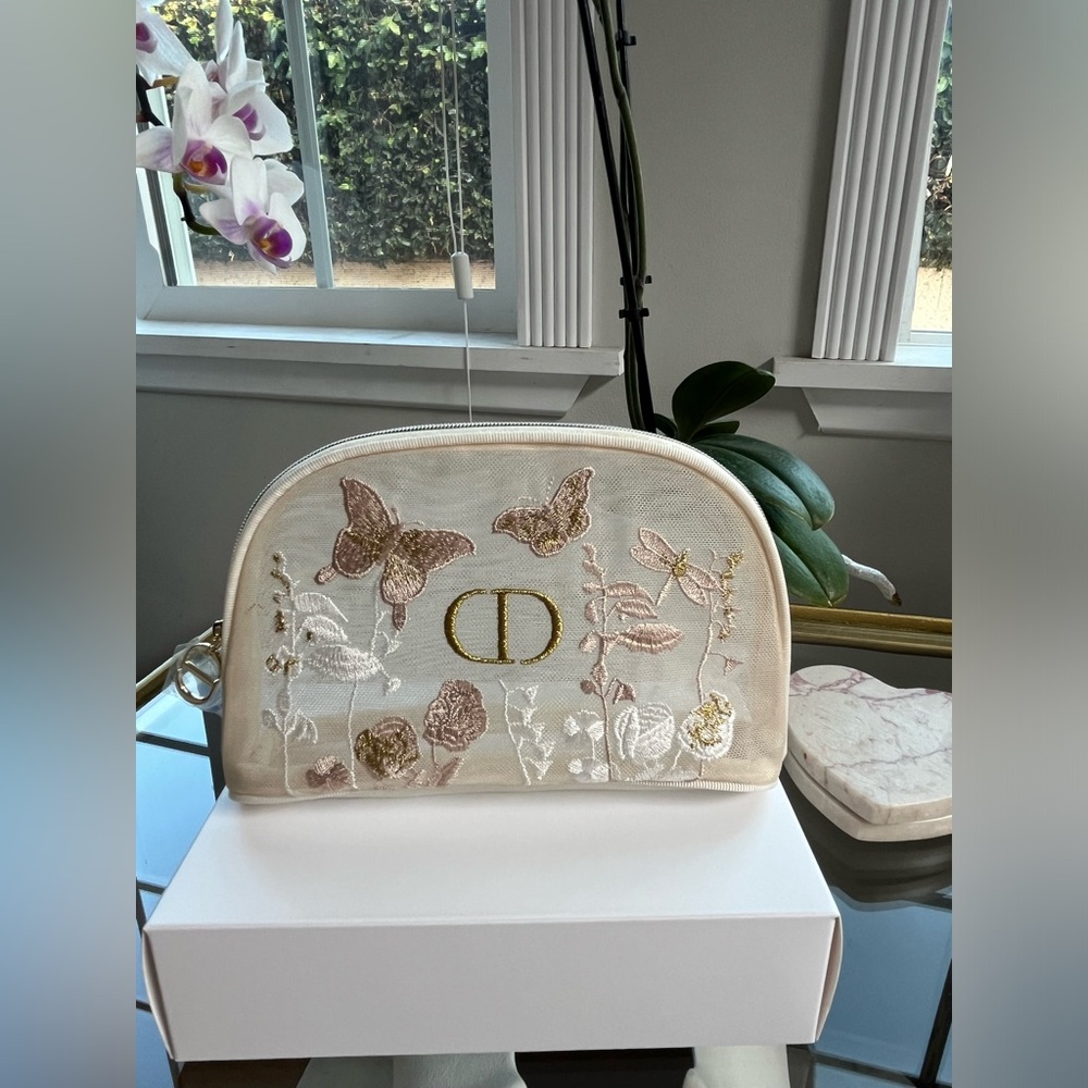 DIOR Bundle of 2 Beige Floral Embroidered Cosmetic Pouch Butterflies Mesh